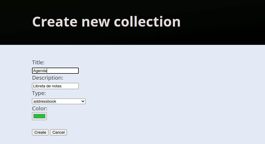 Crear nueva colección en el servidor DAV Radicale