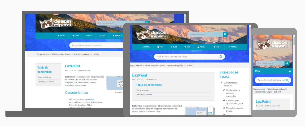 Vista de la wiki de Deepin en Español en dispositivos móviles y de escritorio.