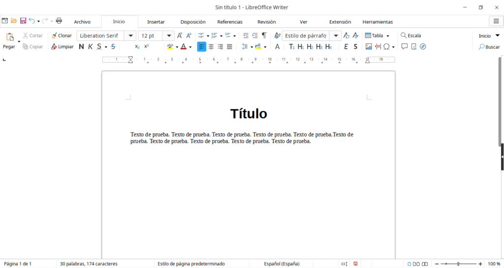 Esta es la trabajar en LibreOffice Writer: Un menú, accesos rápidos, botones, el campo para escribir y la barra de estado.