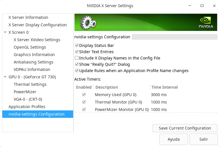 Nvidia Settings para servidor X.