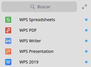 WPS en el lanzador con los accesos Spreadsheets, PDF, Writer, Presentation.