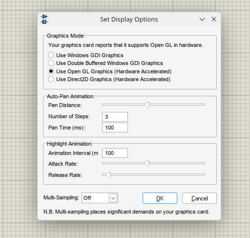 Opciones de pantalla en Proteus Design Suite donde se encuentra DirectX y Open GL