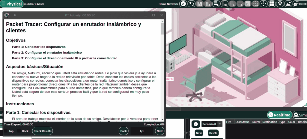 Captura de ejercicio de NetAcad en Cisco Packet Tracer.